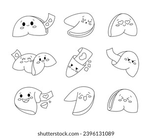 Cute fortune cookies characters. Coloring Page. Closed Chinese shortbread with blank paper for message, wishing, surprise. Vector drawing. Collection of design elements.