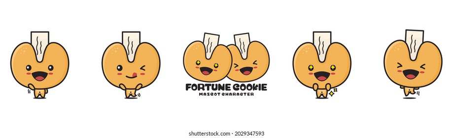 cute fortune cookies mascot, snack cartoon illustration, with different facial expressions and poses, isolated on white background