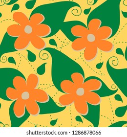 Cute four color floral pattern, hand drawn elements, colorful flowers and leaves. Garden theme vector seamless pattern, elements with shades.