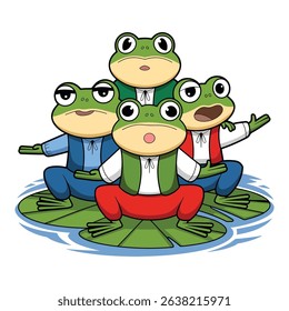 Cute four dressed cartoon frogs sitting together on lily pad character vector design illustration.
