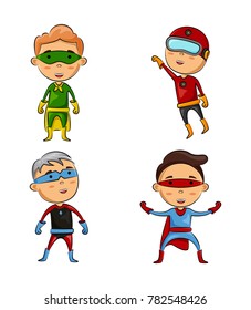 Cute four kids wearing superhero costumes with different pose