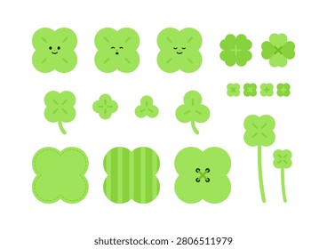 Cute Four Leaf Clover Illustration Set with Happy Clover Characters and Lucky Green Plant Icons