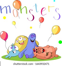 Cute four monsters with balloons have fun, lettering, cartoon hand drawn vector illustration. Can be used for t-shirt print, kids wear fashion design, baby shower invitation card
