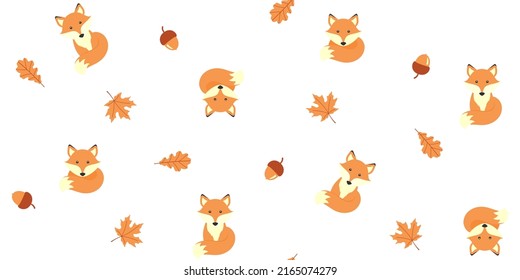 Cute fox, acorns, maple and oak leaves on a white. Autumn endless texture with adorable animal. Vector seamless pattern for cover, wrapping paper, packaging, surface texture, printing on clothes, bags