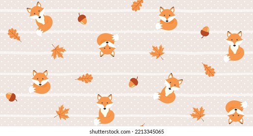 Cute fox, acorns, maple and oak leaves on a beige striped background with polka dots. Autumn endless texture with adorable animal. Vector seamless pattern for cover, wrapping paper, packaging or print