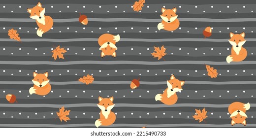 Pezo, bellotas, hojas de arce y roble sobre un fondo de rayas gris oscuro con puntos blancos. Una textura interminable de otoño con un animal adorable. Patrón de vectores sin fisuras para envolver papel o imprimir en ropa