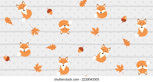 Cute fox, acorns, maple and oak leaves on a light gray striped background with polka dots. Autumn endless texture with forest animal. Vector seamless pattern for cover, wrapping paper, surface texture