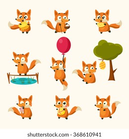 Cute Fox Activities with different . Vector Illustration Collection