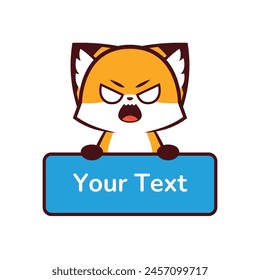 cute fox with angry expression holding a text box, cute fox with angry expression holding label text, vector icon, vector logo, vector sign