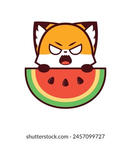 Cute Fox with angry expression Holding a Watermelon, vector icon, vector logo, vector sign