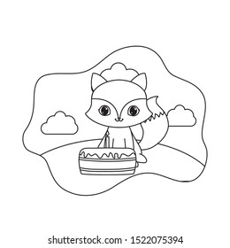 cute fox animal with cake of birthday vector illustration design