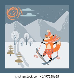 Cute fox animal cartoon character skiing in mountains, flat vector illustration on winter landscape background. Greeting Christmas Card or New Year party template. Funny active sportyive animal for