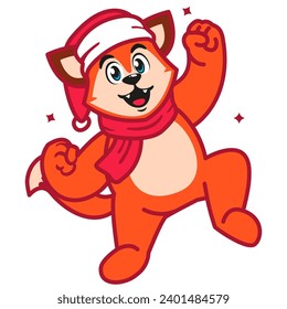 Cute Fox Animal Character Wearing Santa Hat and scarf
