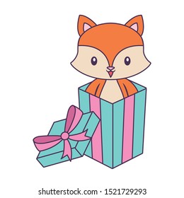 cute fox animal in gift box vector illustration design
