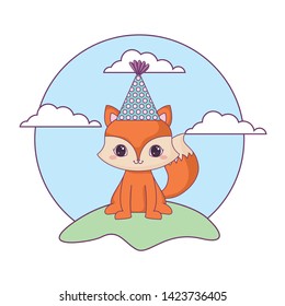 cute fox animal with hat party in landscape