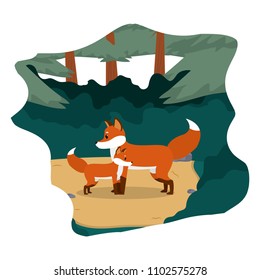 cute fox animal with his son in the landscape