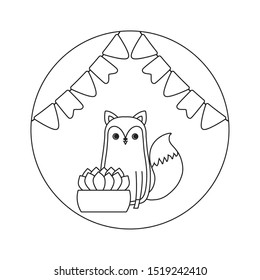 cute fox animal with house plant and garlands