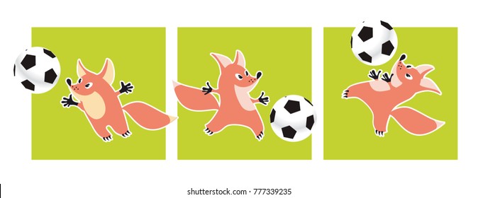 Cute fox animal mascot with soccer ball vector illustration. Childish style image for card, decor.