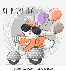 Cute fox animal on bike illustration for kids. Little fox wearing black eyeglasses and scarf on the vespa. Orange fox with balloon, scarf, eyeglasses ride a gray vespa.