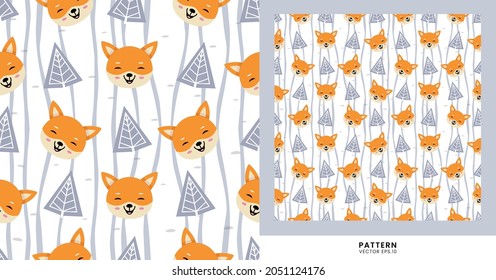 Cute Fox animal pattern with bush ornaments, the pattern is suitable for children can be used for clothes, wall decorations, design backgrounds etc.