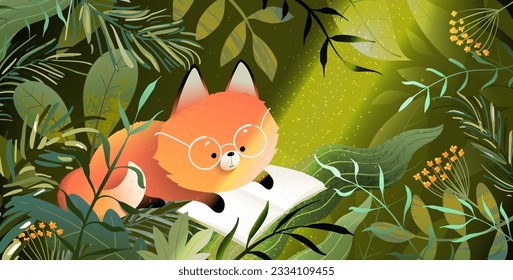 Un animal de la zorra linda leyendo un libro en el bosque verde con una viga de sol en hojas. Carácter animal para la educación escolar o biblioteca de niños. Estudios de lectura y educación infantil del arte vectorial en el estilo acuarela.