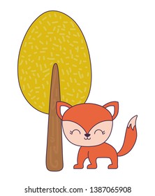 cute fox animal with tree plant