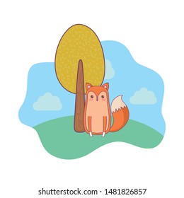 cute fox animal with tree plant in landscape