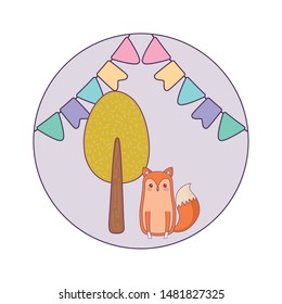 cute fox animal with tree plant and garlands hanging