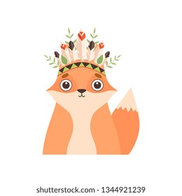Cute Fox Animal Wearing Indian Traditional Tribal Headdress with Feathers and Plants Vector Illustration