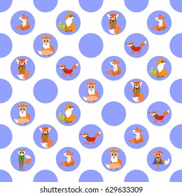 Cute fox animals with blue rounds on white background  vector Seamless Pattern