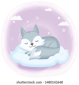 Cute fox asleep on cloud hand drawn cartoon illustration background