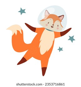 Cute fox astronaut. Forest animal space explorer, funny fox exploring space vector illustration