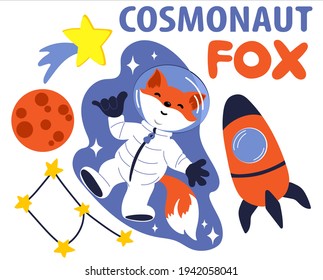 Cute fox astronaut in outer space. Cartoon illustration. 
Print for T-shirts, sweatshirts, sweaters. Rocket, constellation and moon. Humor postcard.  Funny fox cosmonaut. The fox is catching the star