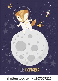 Cute fox in astronaut suit on starry background and moon. Drawn style illustration. can be used for nursery decoration, design for baby and kids