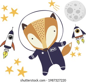 cute fox in astronaut suit and space design elements. Drawn style illustration. Can be used for nursery decoration, design for baby and kids