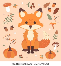 Cute fox with autumn elements. Little Fox surrounded by autumn leaves, mushrooms, berries, and acorns. Vector illustration