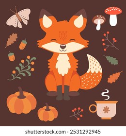 Cute fox with autumn elements. Little Fox surrounded by autumn leaves, mushrooms, berries, and acorns. Dark background. Vector illustration