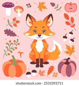 Cute fox with autumn elements. Little Fox surrounded by autumn leaves, pumpkins, mushrooms, berries, and acorns. Vector illustration