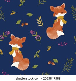 Cute fox with autumn flowers and leaves, seamless pattern design, animal nursery illustration for children. Watercolor boho forest illustration, watercolor, autumn flowers.