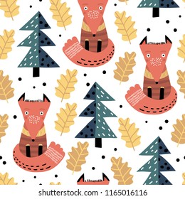 Cute fox in autumn forest baby seamless pattern. Vector texture in childish style great for fabric and textile, wallpapers, backgrounds. Pastel colors.