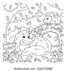 Cute fox in the autumn forest. Coloring book page for kids. Cartoon style character. Vector illustration isolated on white background.