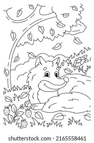 Cute fox in the autumn forest. Coloring book page for kids. Cartoon style character. Vector illustration isolated on white background.