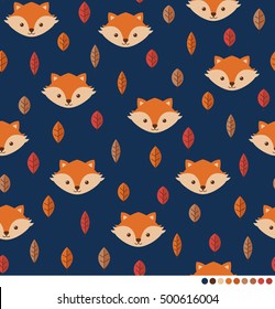 Cute fox with autumn leaf pattern vector background