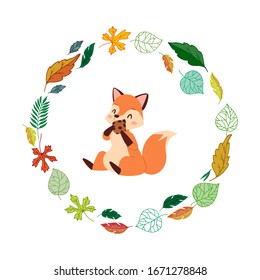 Cute fox and autumn leaves round frame cartoon childish vector illustration. Funny fox for childs book, textile and autumn card invitation decoration.