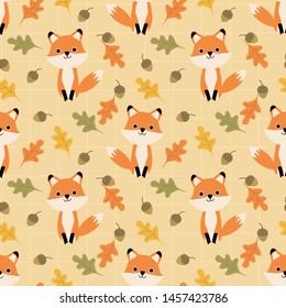 Cute fox and autumn leaves seamless pattern.