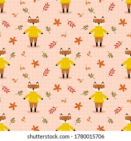 Cute fox in autumn leaves seamless pattern