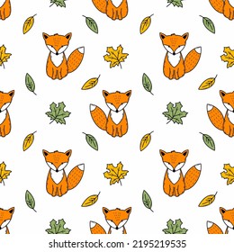 Cute fox and autumn leaves. Seamless pattern for tailoring. Endless wallpaper in nursery. Print on fabric and wrapping paper.
