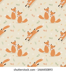 Cute fox in autumn seamless pattern vector.