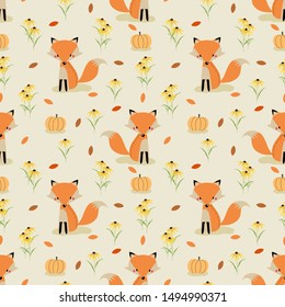 Cute fox in autumn seamless pattern vector.