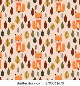 Cute fox and autumn seamless pattern. 